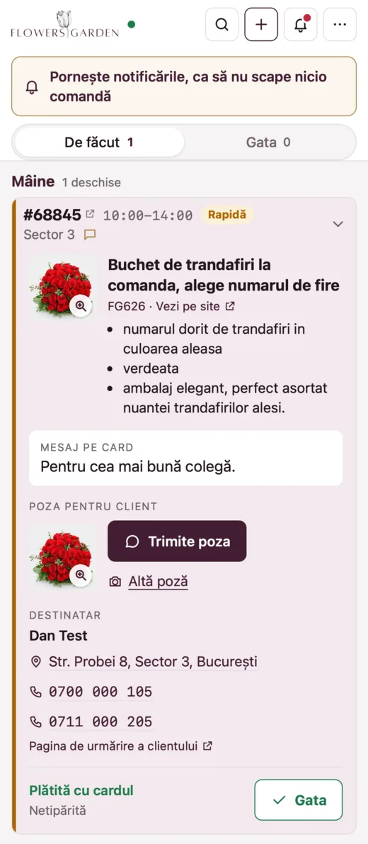 A new order on the florist's phone, with the bouquet's photo