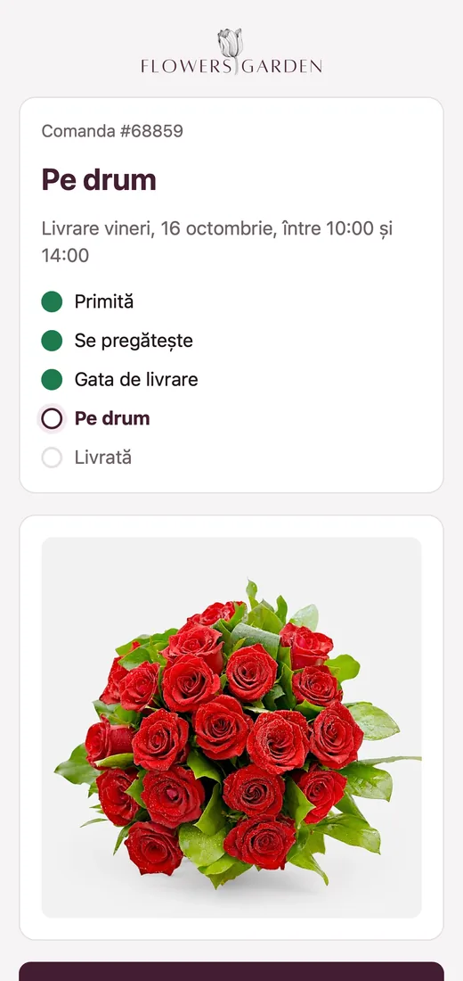 The customer's tracking page, showing the order on its way, with the bouquet's photo